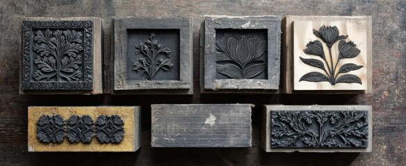 Intricately detailed hand-carved linocut blocks meticulously arranged for classic printmaking use