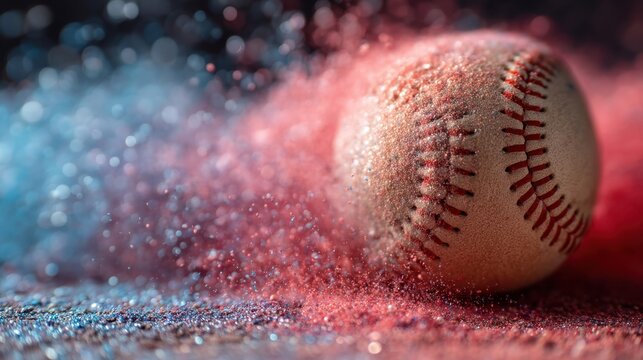 Baseball with red and blue dust. Sport action concept. Exploding color powder around game ball for dramatic effect.
