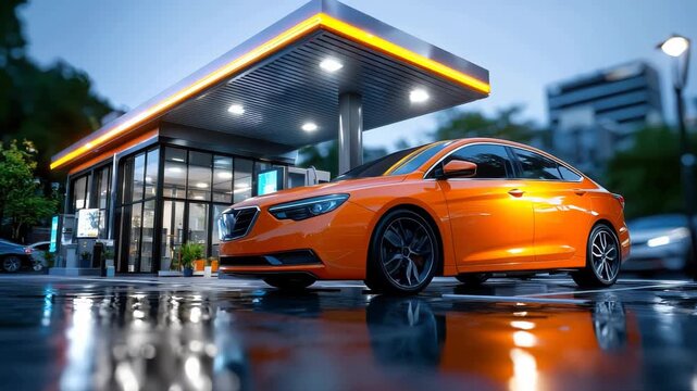 Sleek modern gas station illuminated at night with a shiny orange car parked beside fuel pumps