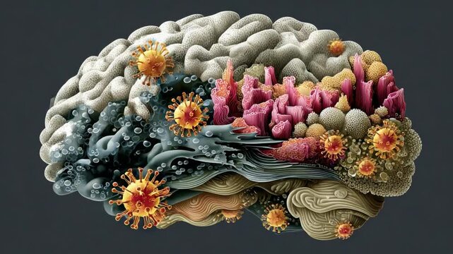 Brain's Complex Landscape: A striking visual representation of the brain, highlighting intricate layers and textures, with artistic accents that stimulate the viewer's intellectual curiosity.