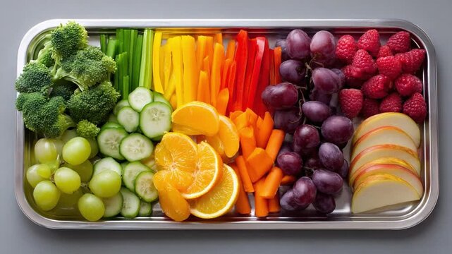 Colorful Culinary Composition: An eye-catching arrangement of vibrant fruits and vegetables in a spectrum of colors, offering a tempting display of nature's bounty and promoting healthy eating habits.