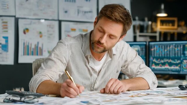 Meticulous Financial Analysis: A dedicated individual engrossed in meticulous financial analysis, focusing intently on detailed data, charting a path to success. 