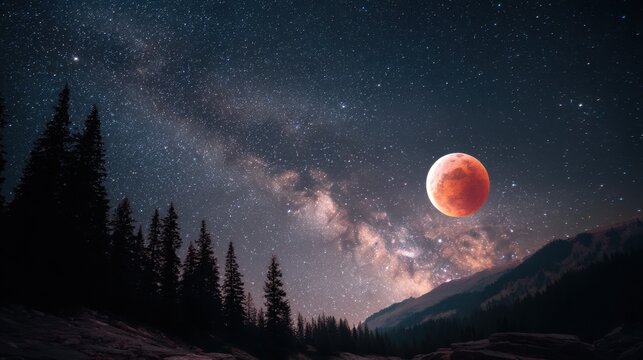 Blood moon and milky way over a mountain landscape. Full lunar eclipse in a dark night sky with stars and pine forest. - Powered by Adobe