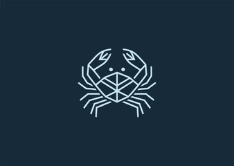 A minimalist crab logo in elegant line art style, featuring clean symmetrical curves and sharp claws, symbolizing strength, balance, and resilience, designed as a creative modern vector concept