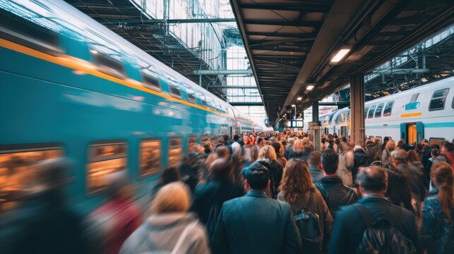 Crowd of people on a train station platform as a blue train passes. Busy urban commuting and travel concept with motion blur. - Powered by Adobe