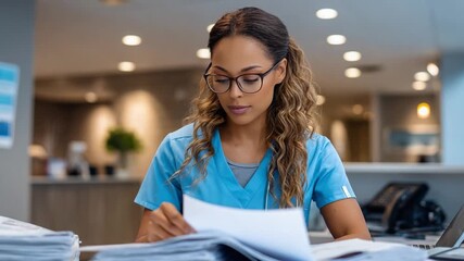 Focused Care: A dedicated healthcare professional, immersed in critical documentation and analysis, embodying expertise and diligence in a modern medical setting.
