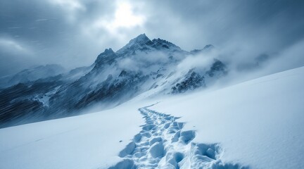 A snowy mountain peak with a path of footprints leading up the slope under a cloudy sky in winter