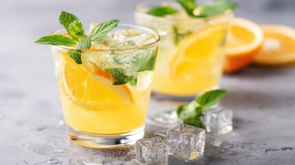 Fototapeta premium Refreshing summer drink with orange and mint leaves. Cold citrus beverage. Fresh cocktail with ice cubes for hot day and party.