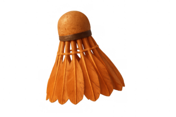 Badminton shuttlecock displaying orange feathers, a crucial piece of equipment for sports and recreational games