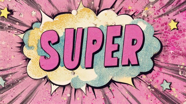 Word SUPER with pink letters on a bright comic book style background. Pop art explosion with halftone texture, ideal for greeting card.