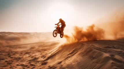 Man riding motocross bike jumping over a sand dune in desert, creating dust trail. Extreme sport and adventure concept for competition.