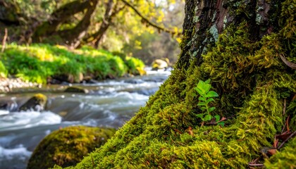 Close-up of tree base covered in green moss, beside a flowing river with blurred background of a forest