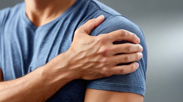 Shoulder Pain: Close-up of a man holding his aching shoulder, capturing the discomfort of injury or physical strain.