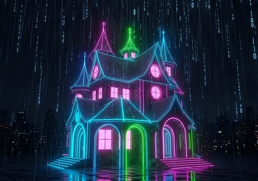 Neon house in a virtual reality or metaverse, digital aesthetic render