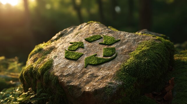 Recycle symbol made of green moss on a rock. Environmental conservation and sustainable living concept. Nature protection.