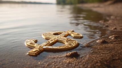 Glowing golden dollar sign lying on sandy river shore with water reflecting sunlight. Concept of financial crisis and losing money.