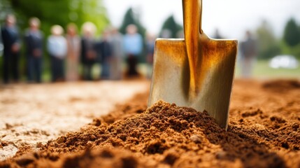 Shovel in a pile of dirt at a groundbreaking ceremony event. Construction project initiation and real estate development concept for future site.