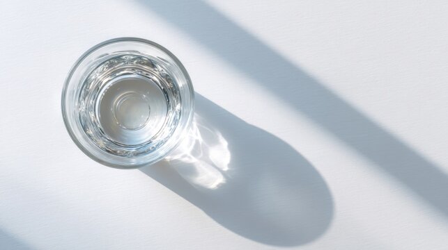 Glass of pure water with sunlight and shadow on white table. Healthy beverage concept and hydration for well being design. - Powered by Adobe
