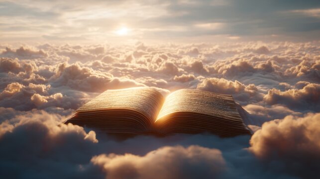 Open book floating above a sea of clouds with sunlight radiating from its pages. Spiritual knowledge and divine wisdom concept. - Powered by Adobe