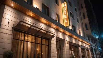 Modern luxury hotel facade at night with illuminated sign. Urban hospitality and accommodation building for travelers. City architecture.