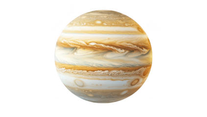 A detailed. realistic rendering of the planet Jupiter its distinctive bands of color and atmospheric features. set against a plain white background for clarity and focus