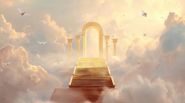 Golden stairway to heaven with shining gateway and architectural pillars surrounded by white doves in a cloudy sky for religious and spiritual concept. - Powered by Adobe