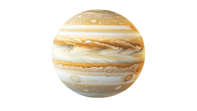 A detailed. realistic rendering of the planet Jupiter its distinctive bands of color and atmospheric features. set against a plain white background for clarity and focus