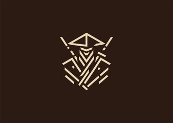 A detailed ronin logo in minimalist line art style, depicting a lone samurai warrior with flowing robes and katana, representing honor, freedom, and solitude, designed as a bold vector illustration