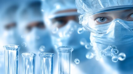 A group of dedicated scientists in protective masks and goggles focuses intently on their work. They stand ready with test tubes in a modern lab, highlighting their commitment to research and safety