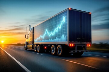 Truck driving on highway with digital graph on trailer, concept of smart logistics and real-time transportation analytics