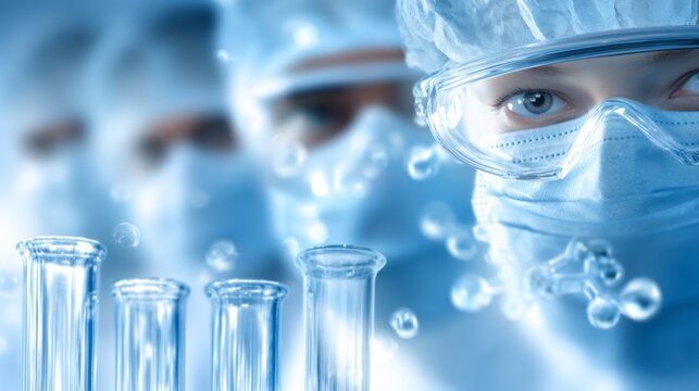 A group of dedicated scientists in protective masks and goggles focuses intently on their work. They stand ready with test tubes in a modern lab, highlighting their commitment to research and safety - Powered by Adobe