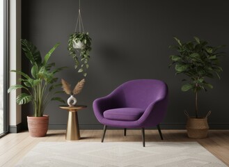 A stylish purple armchair in a modern living room with plants and warm ambient lighting creates a cozy and inviting space.