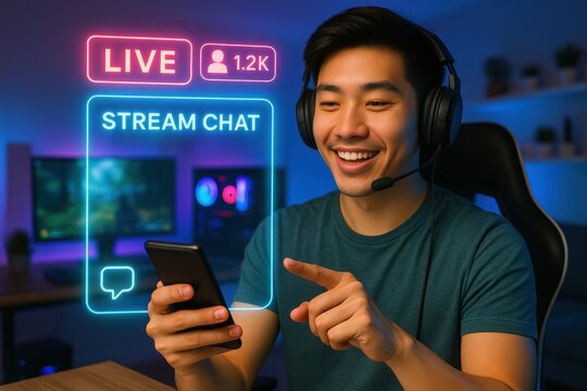 Live streaming interaction with audience home office digital content modern environment engaging viewpoint streaming concept