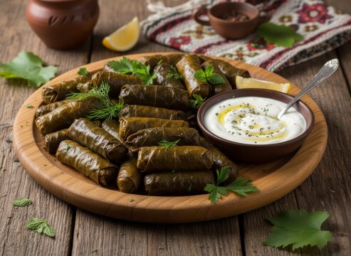 Delicious Dolma: Stuffed Grape Leaves with Creamy Yogurt Sauce, a Traditional Mediterranean Delight