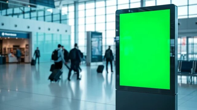 A large green screen digital billboard stands prominently in a modern, bustling airport terminal with travelers walking by.