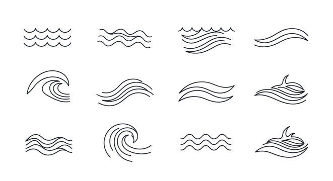 Collection of various black outline wave icons and symbols representing water movement and ocean currents.