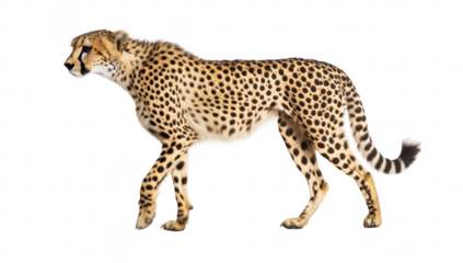 A sleek cheetah gracefully walking in profile against a plain white background. its distinctive spots and elegant form. ideal for wildlife and nature-themed projects