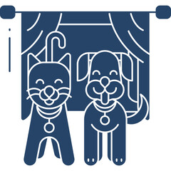 Stylized Outline Of A Happy Cat And A Happy Dog Standing In Front Of Curtains With A Clothes Hanger Above The Cat In Navy Blue Color Scheme