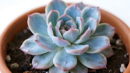 Blue-green echeveria succulent in terracotta pot with pink tips on white background. Photorealistic for home decor visuals