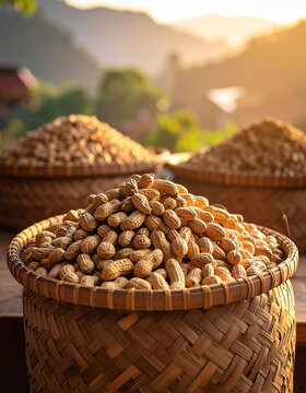 A pile of groundnuts is placed on a traditional woven tray, ready to be prepared.