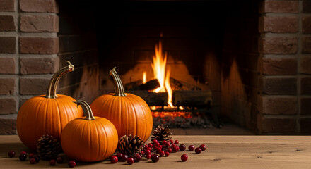 Obraz premium Three orange pumpkins, pinecone, and berries on wooden table, against brick fireplace background, represent autumn, warmth, and Thanksgiving season