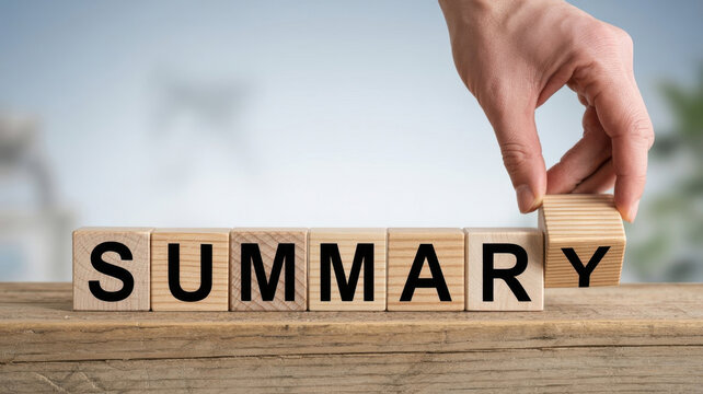 Hand placing the last wooden block to spell out the word summary on a wooden table, concept of conclusion or final report
