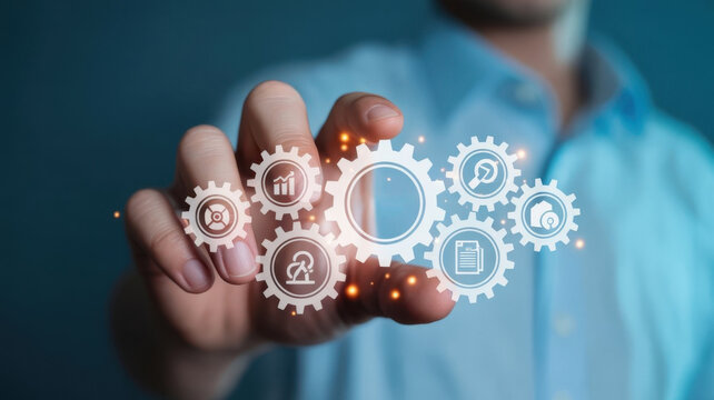 Hand touching a glowing digital network of gears symbolizing business processes, data analysis, and educational concepts