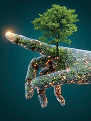 Innovative Blend of Technology and Nature With a Hand Made of Circuits and a Tree Growing