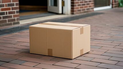 Stack of Brown Cardboard Boxes Delivered to a Residential Front Door, Convenient Home Delivery Service. E-commerce and Online Shopping Concept. Efficient Shipping Solutions and Customer Convenience.