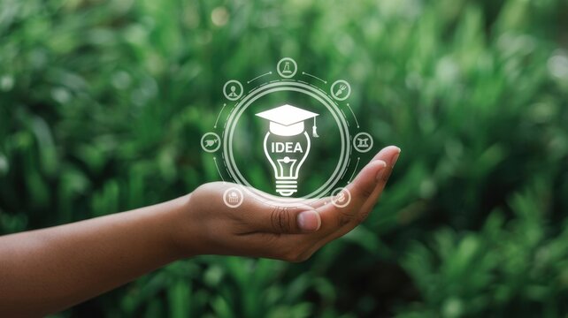 Open hand holding a glowing lightbulb with a graduation cap and idea inside, surrounded by education icons, symbolizing new ideas and learning