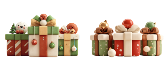 Festive christmas presents with ornaments and cute characters on a black backdrop on transparent background