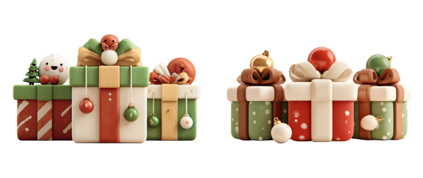 Festive christmas presents with ornaments and cute characters on a black backdrop on transparent background - Powered by Adobe
