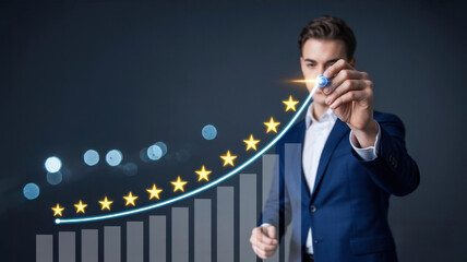 A businessman in a suit draws a rising graph with stars and circles, symbolizing business growth, success, and positive feedback