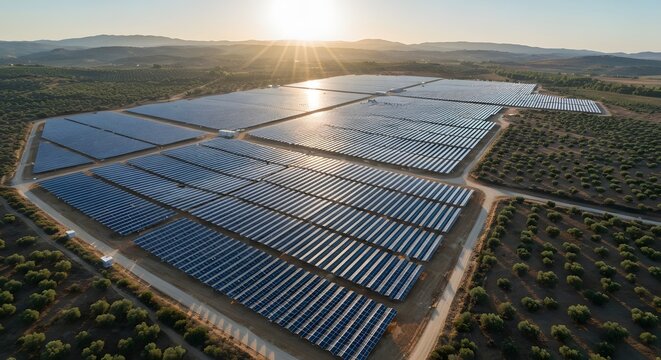 Expansive solar farm harnessing the sun's energy at dawn, an aerial view of photovoltaic panels generating clean electricity for a sustainable future